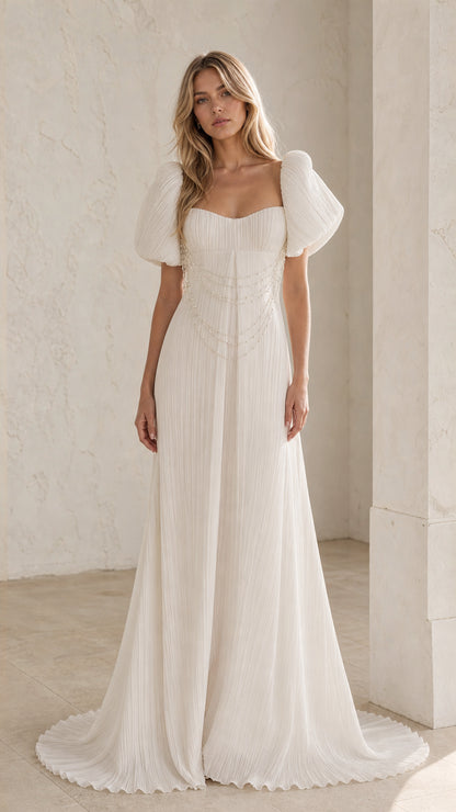 Front view of White pearl draped pleated maxi dress
