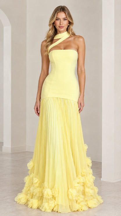 Full front view of the yellow asymmetric choker pleated evening gown