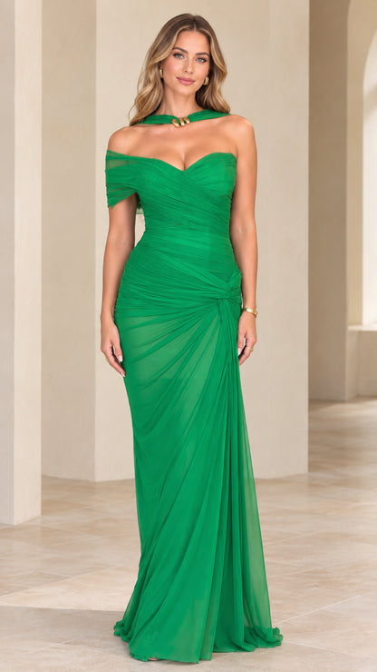 Emerald green asymmetric ruched halter neck maxi evening gown front view