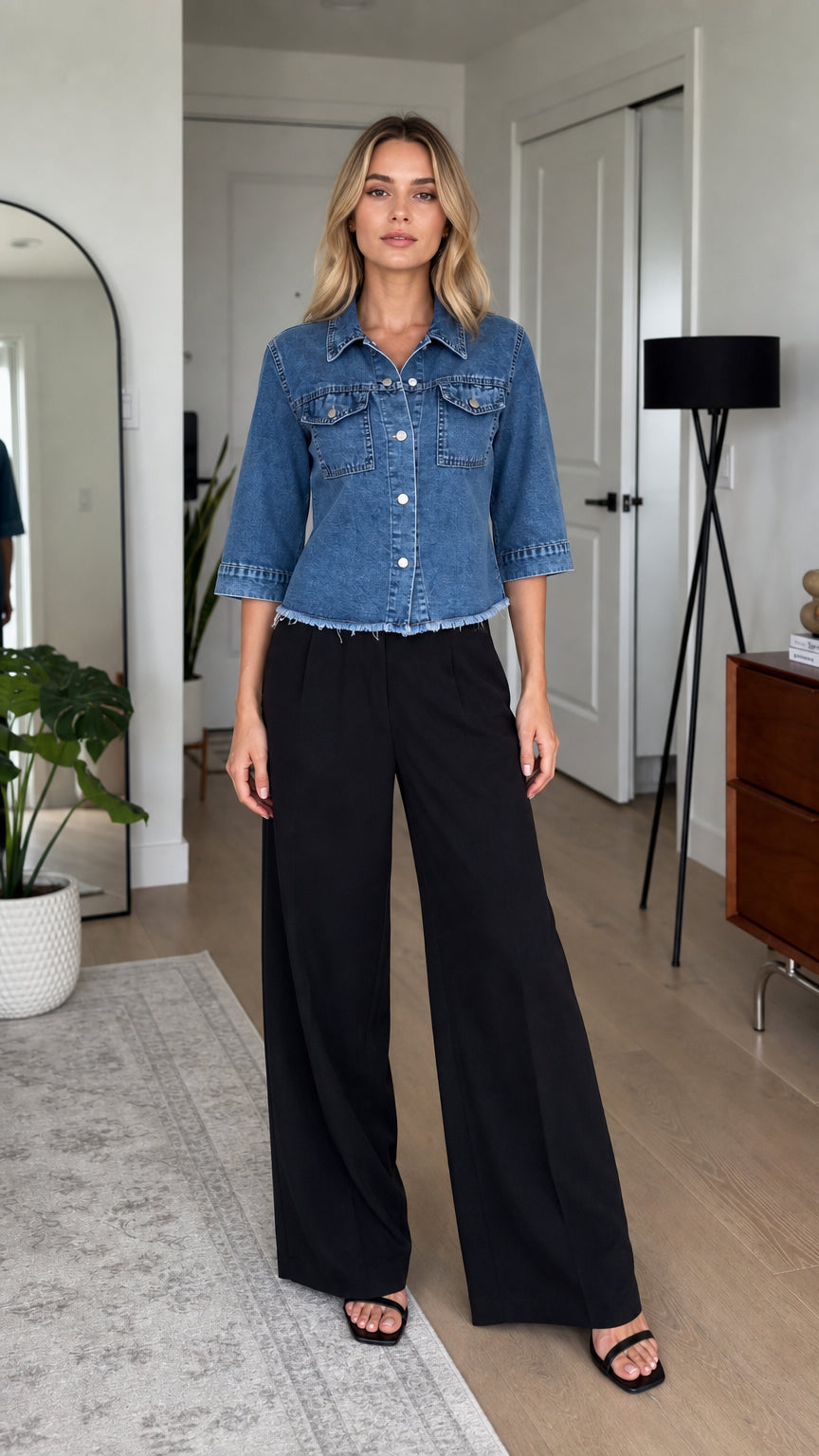 Front view of model wearing blue denim shirt jacket with black wide-leg trousers