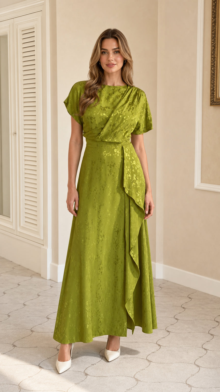 Front view of green draped ruffle maxi dress