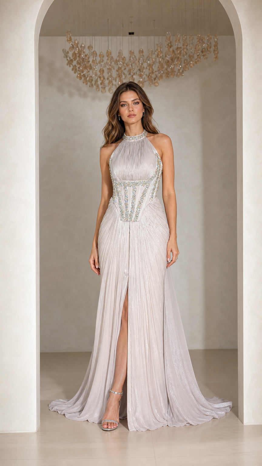 Front full view of woman wearing Silver pleated halter corset evening gown with front slit