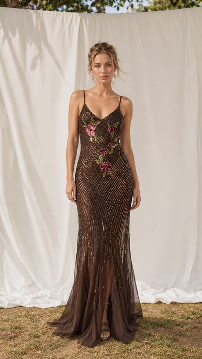 Front view of chocolate brown embroidered sequin mermaid maxi dress with spaghetti straps