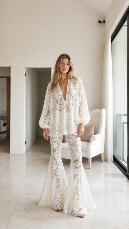 Model wearing white floral lace two-piece set, front view
