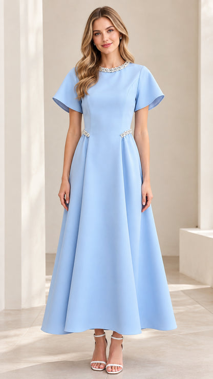 Front view of model wearing Sky Blue pearl-embellished A-line maxi dress with flutter sleeves