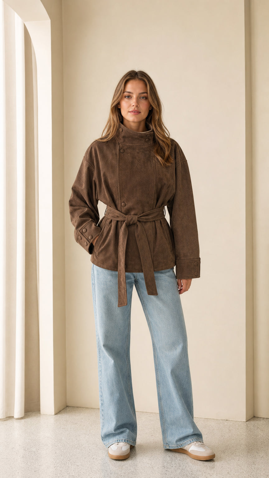 Woman wearing brown faux suede belted jacket front view