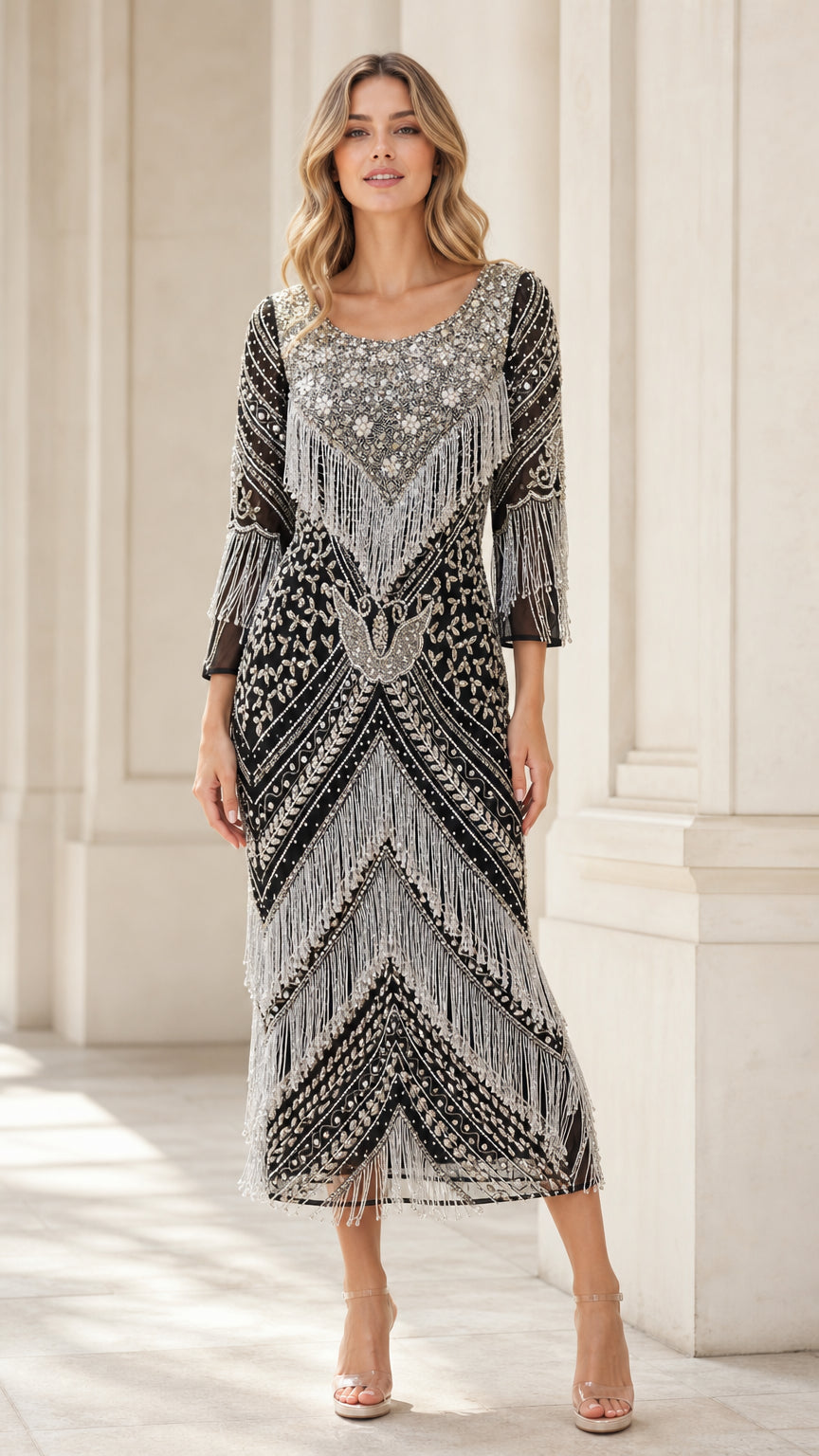 Front view of black and silver beaded fringe flapper midi dress with 3/4 sleeves