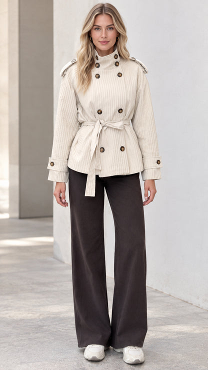 Front view of model wearing cream double-breasted belted short trench jacket with wide leg pants