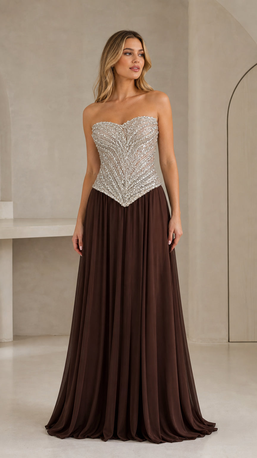 Front full-length view of strapless sequin basque bodice evening gown in chocolate brown