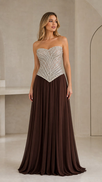 Front full-length view of strapless sequin basque bodice evening gown in chocolate brown