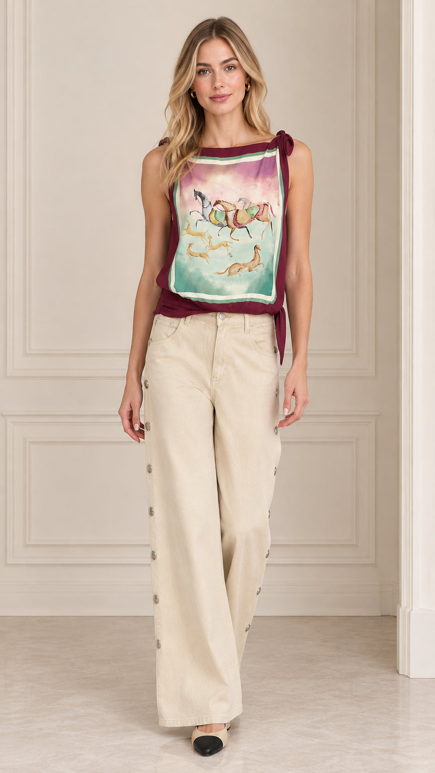 Women's scarf print tie shoulder tank top in burgundy paired with wide-leg beige pants front view