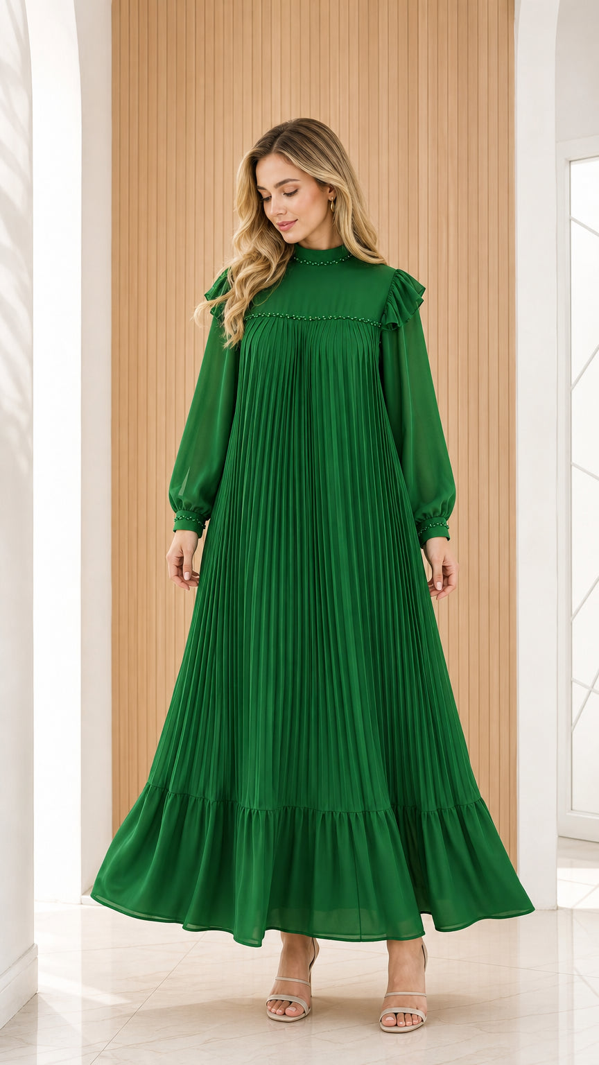 Emerald green mock neck pleated maxi dress with long sleeves and beaded trim - front view
