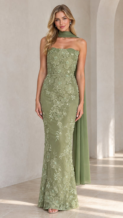 Full front view of sage green strapless floral embroidered maxi evening dress with neck scarf