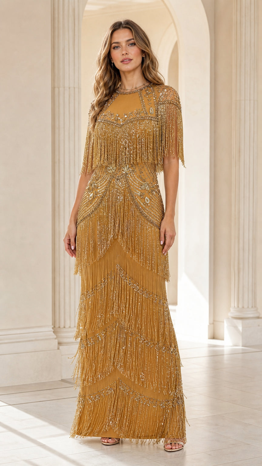 Full-length front view of woman wearing gold sequin beaded fringe maxi gown in an arched hallway