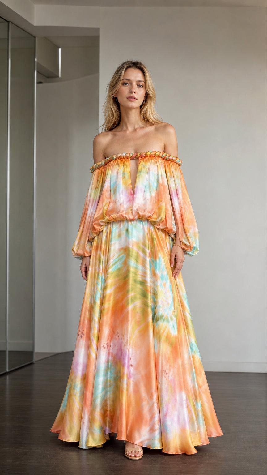 Front view of model wearing orange multi tie-dye off-the-shoulder maxi dress
