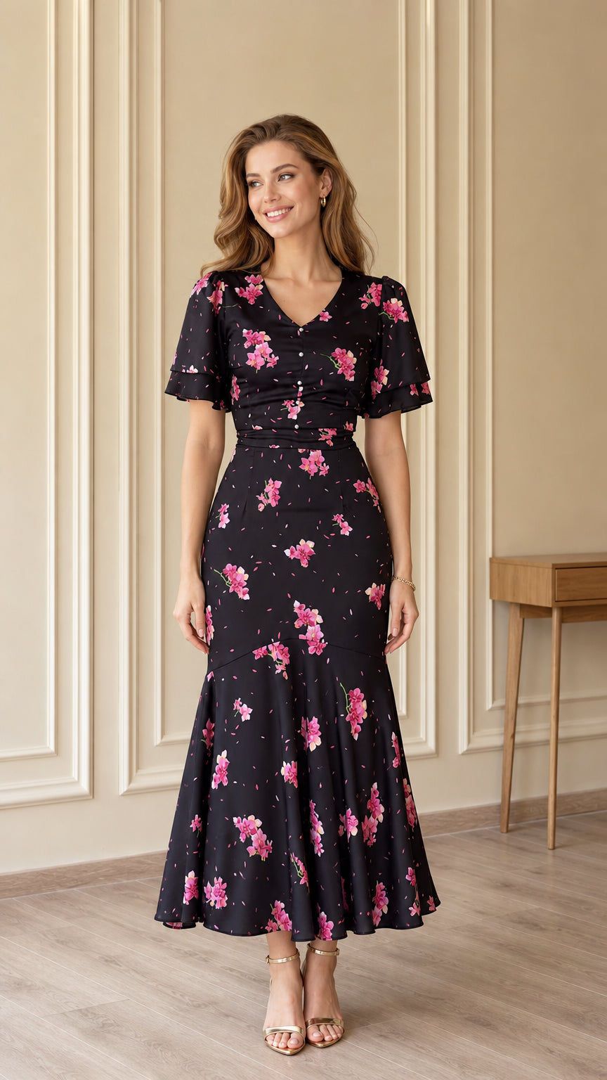 Front view of black floral V-neck flutter sleeve mermaid midi dress on model