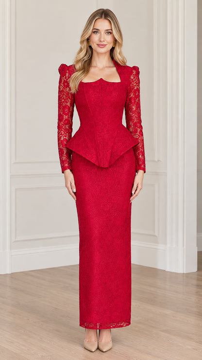 Front full-length view of model wearing a red long sleeve peplum lace maxi dress