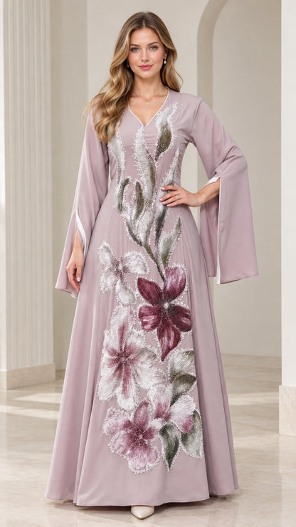 Dusty lilac floor-length maxi dress with floral embroidery and split bell sleeves - front view