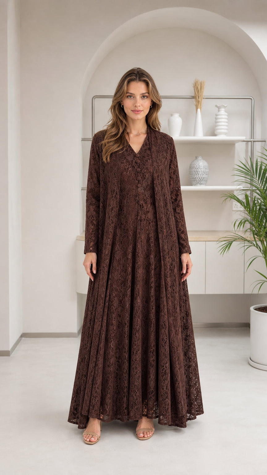 Front full view of woman wearing brown floral lace maxi dress set