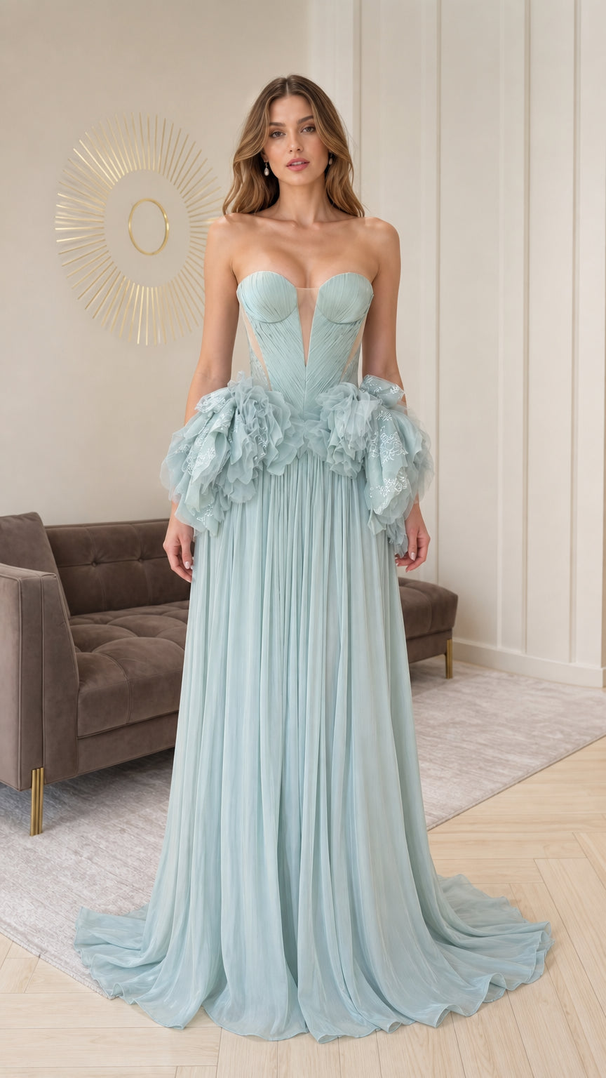 Front view of sage green strapless pleated evening gown with ruffle peplum