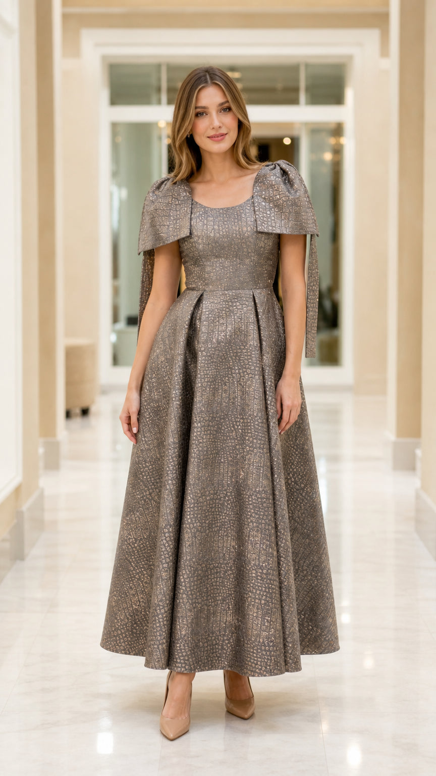 Front view of model wearing Charcoal Taupe square neck capelet jacquard maxi dress