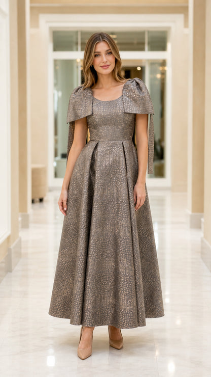 Front view of model wearing Charcoal Taupe square neck capelet jacquard maxi dress