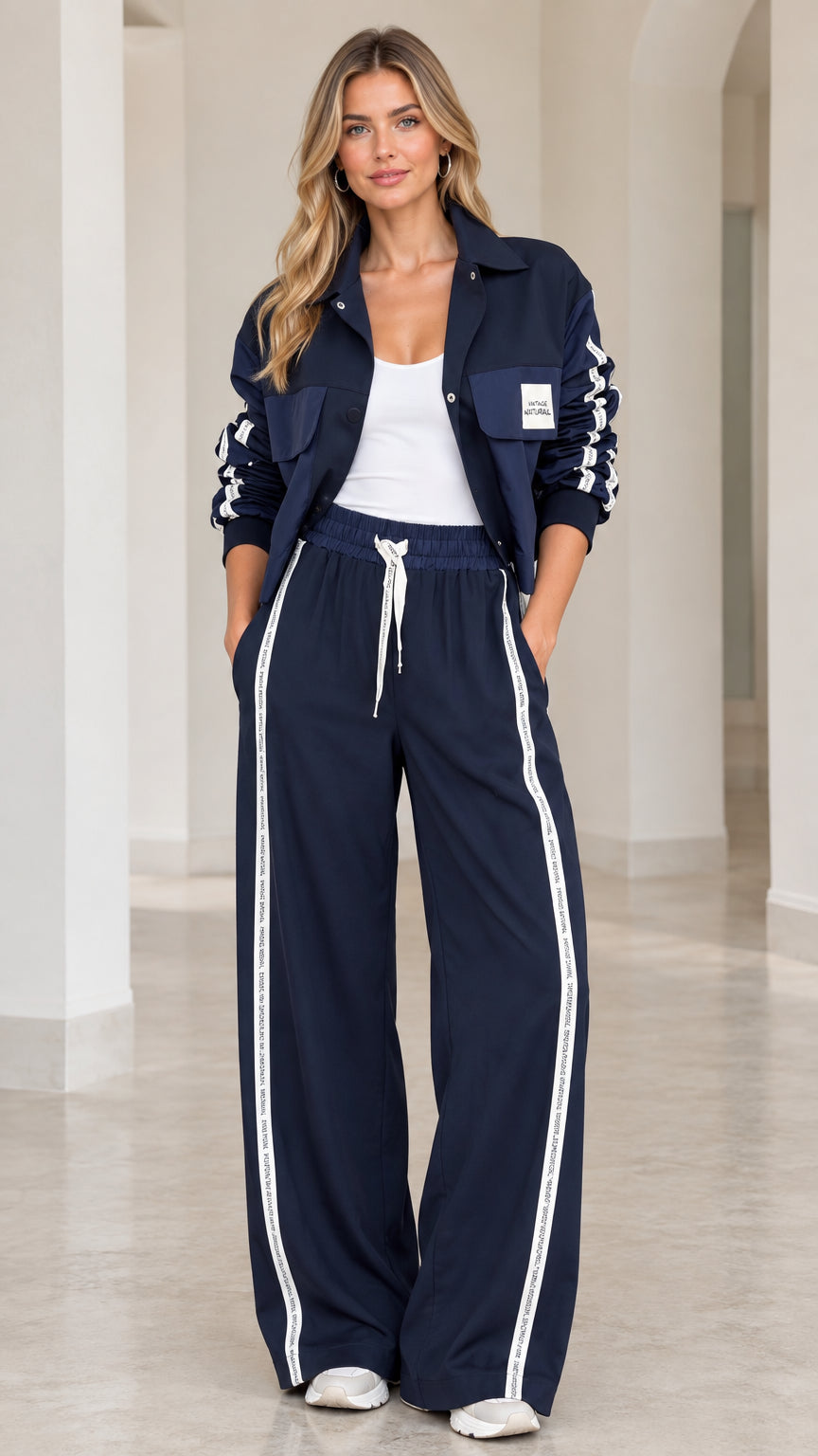 Full front view of model wearing Navy Blue 2-piece cropped jacket and wide-leg tracksuit set