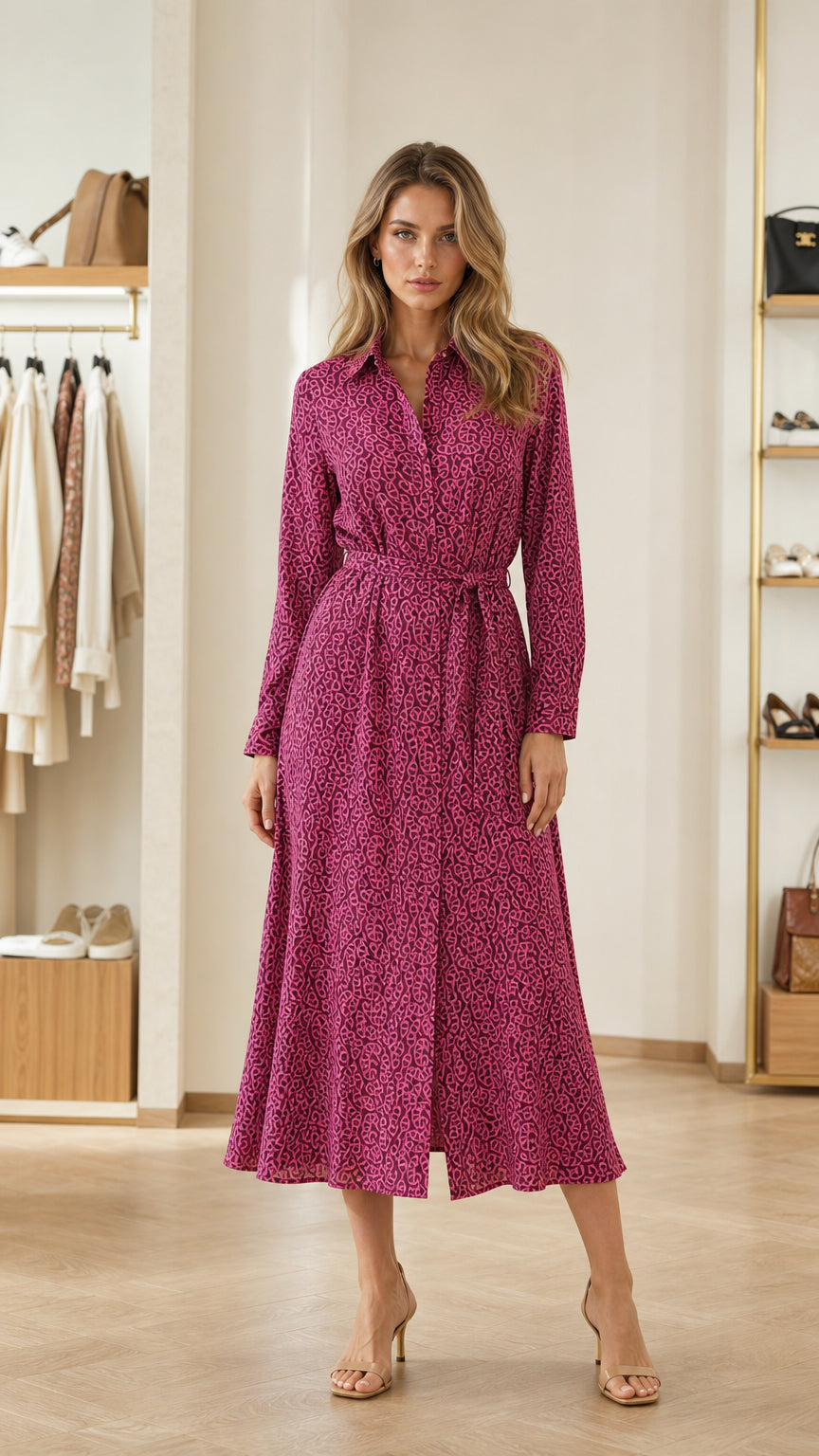 Front full view of woman wearing magenta geometric print long sleeve midi shirt dress with tie belt