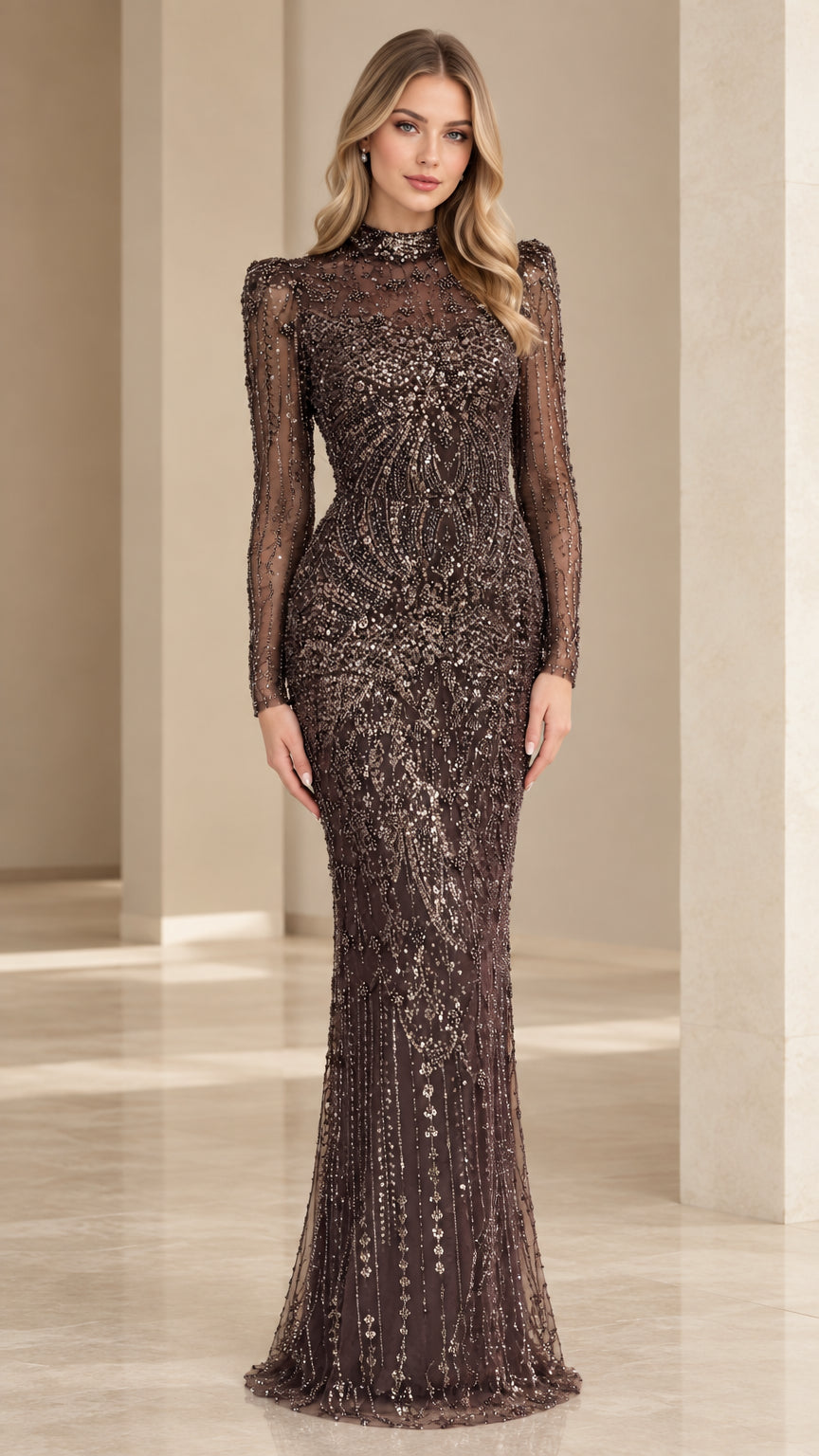 Full-length front view of woman wearing espresso brown high-neck sequin evening gown with long sleeves