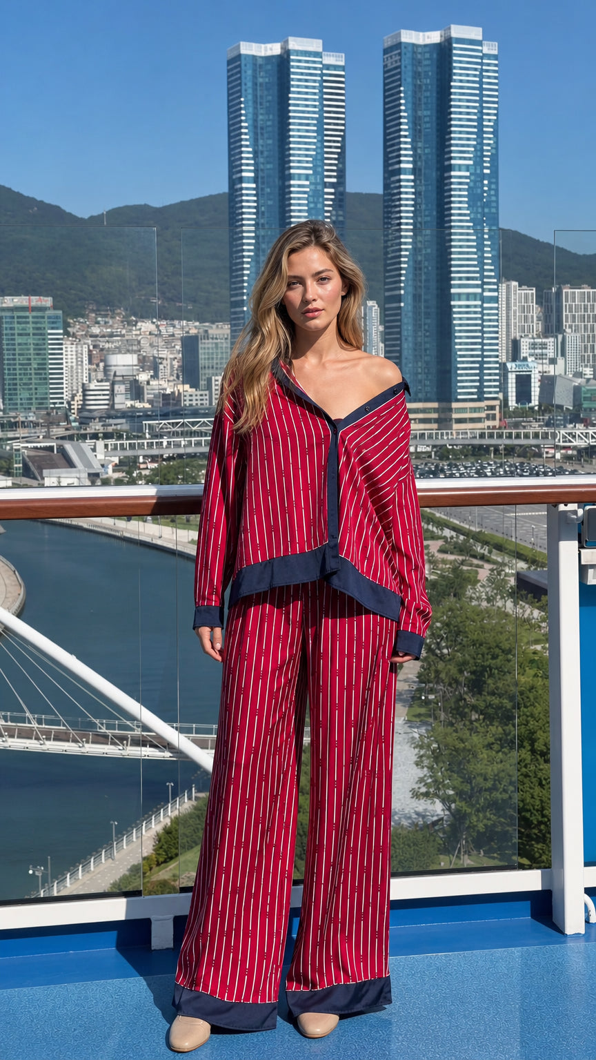 Woman wearing red striped long sleeve shirt and wide leg pants set on balcony