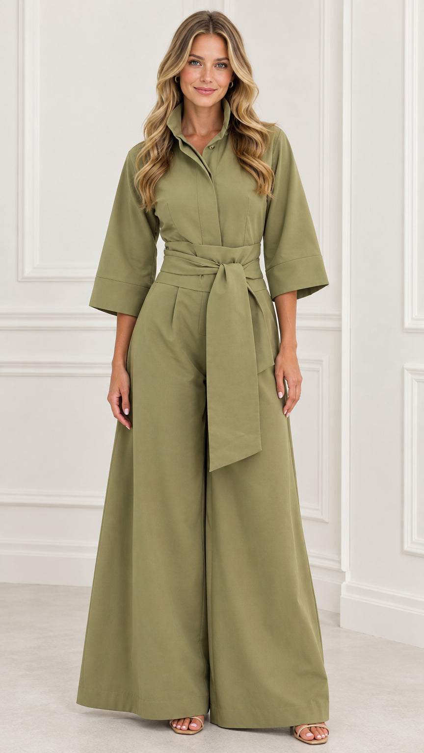 Full-length front view of woman wearing an olive green wide-leg collared jumpsuit with tie belt
