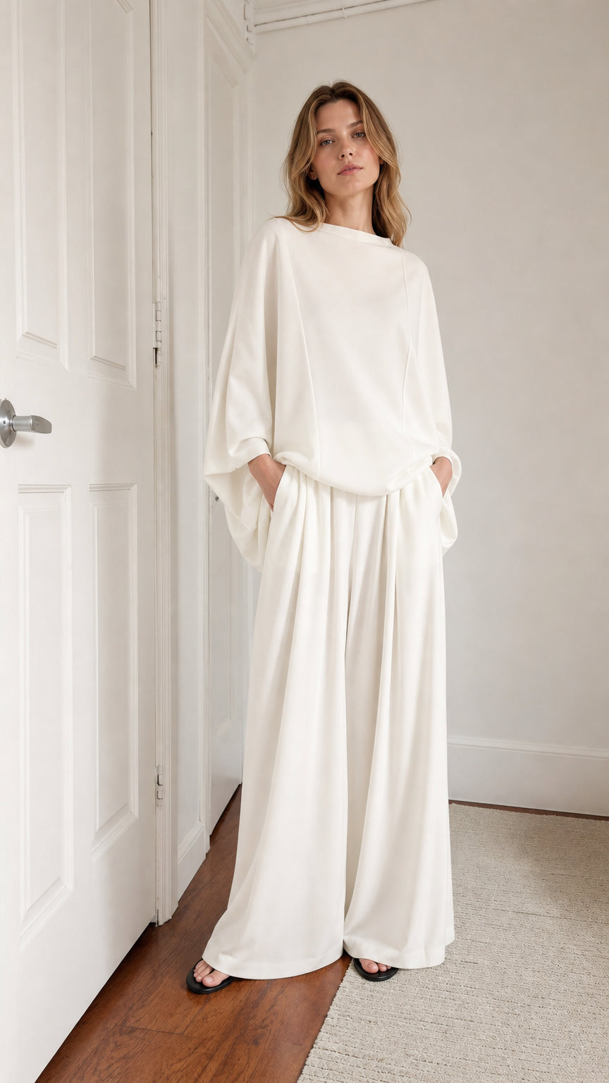 Model wearing white minimalist boat neck batwing top and wide leg pants lounge set from the front