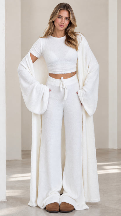 Women's 3-piece plush knit loungewear set in white front view