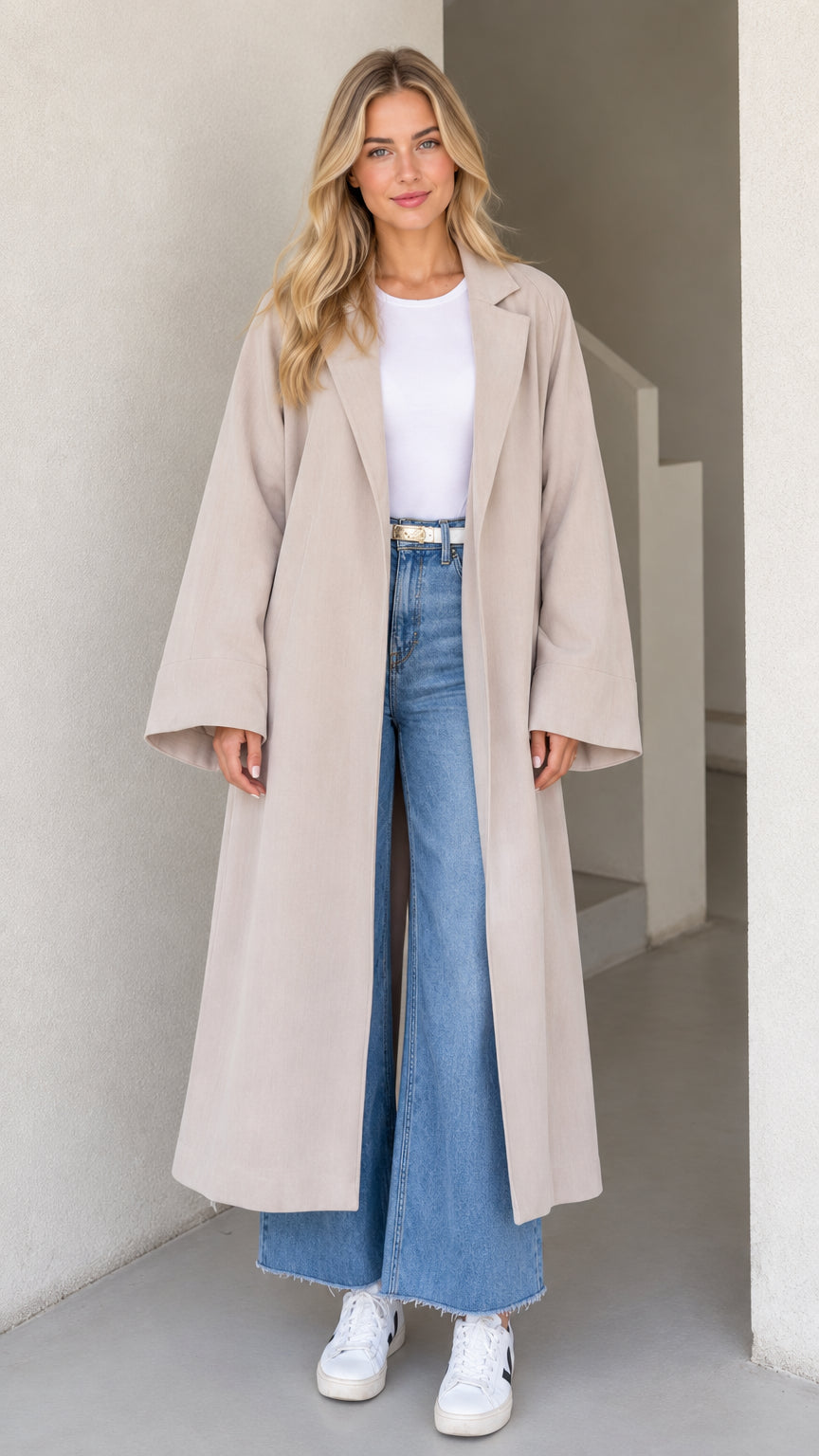 Front full-length view of model wearing Light Grey open-front long duster coat with wide leg jeans