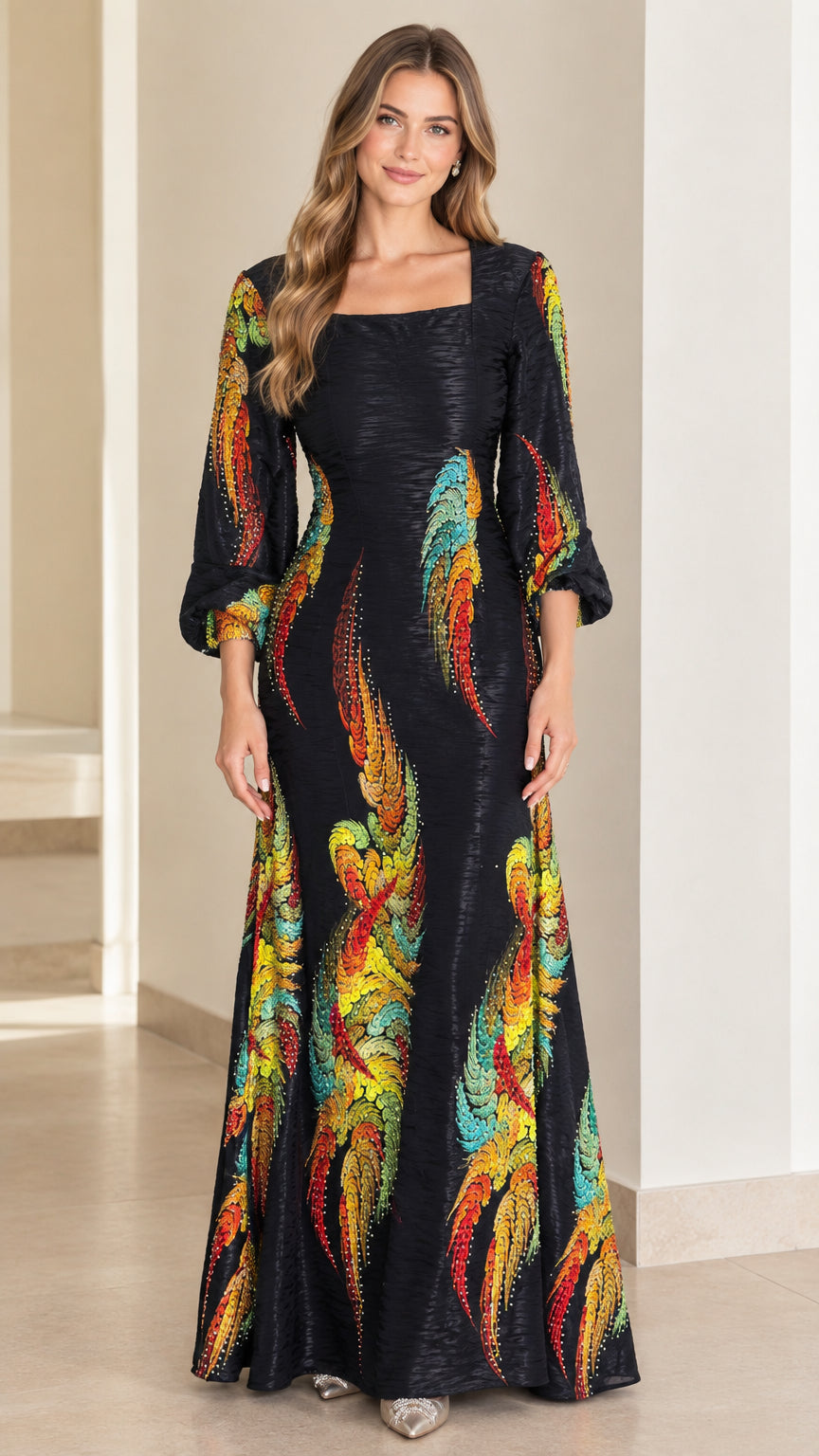 Full front view of black square neck maxi evening gown with colorful feather motif