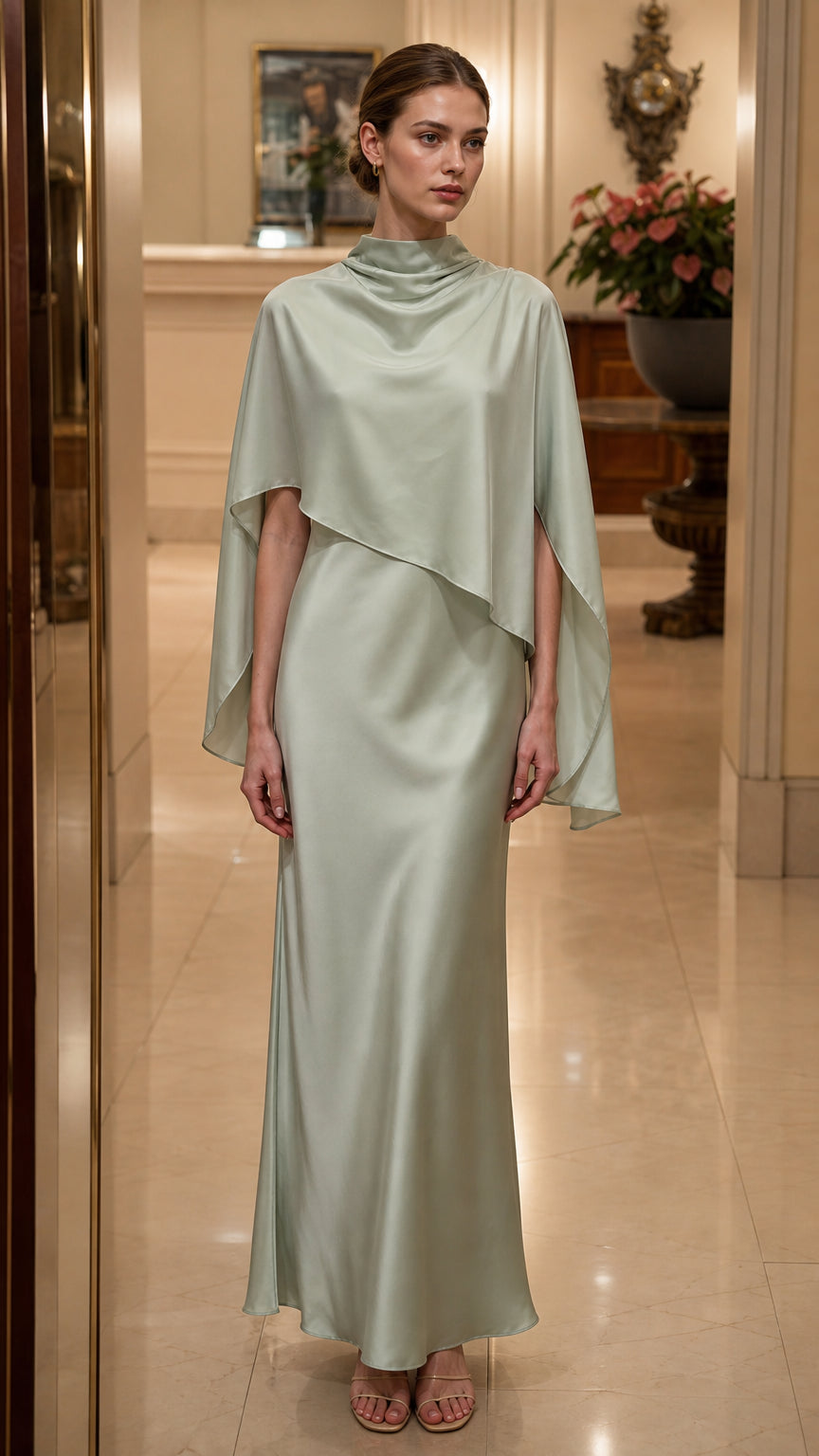 Front view of model wearing sage green cape maxi dress