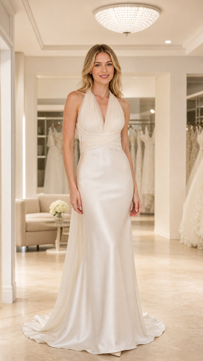 Front view of model wearing Ivory halter pleated bodice satin maxi gown