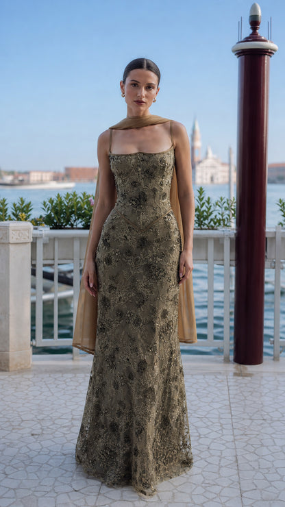 Front view of olive embellished evening gown with shawl