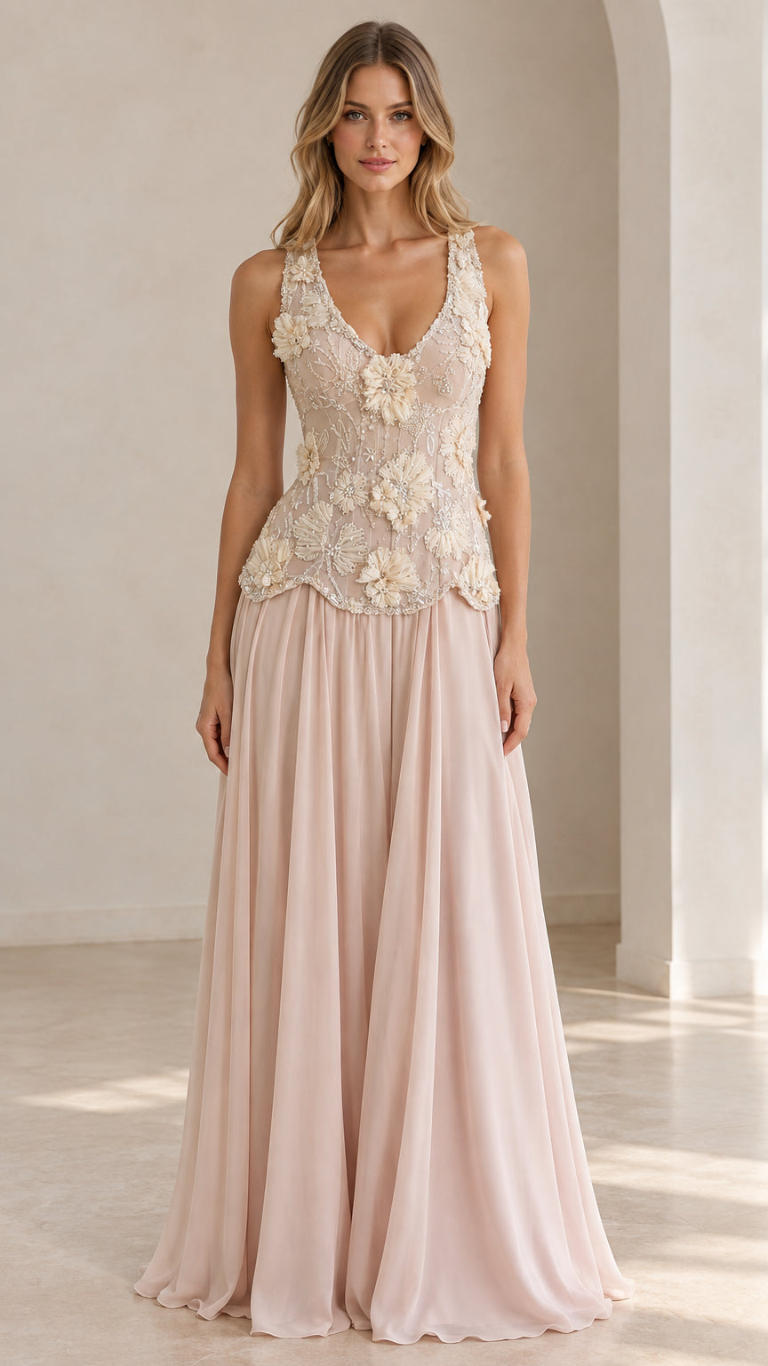 Front view of model wearing Blush Pink floral applique beaded sleeveless maxi gown