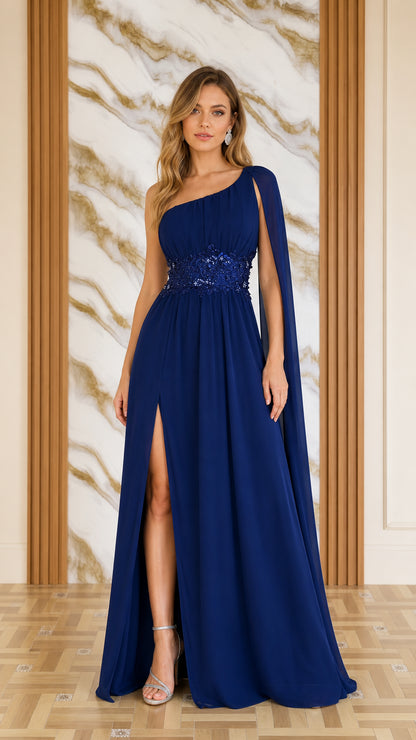 Front view of woman wearing navy blue one-shoulder cape evening dress