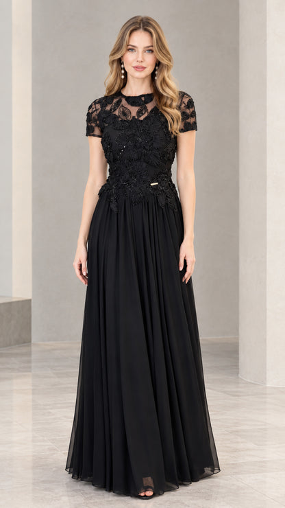Black embroidered floral illusion neckline evening maxi dress front view