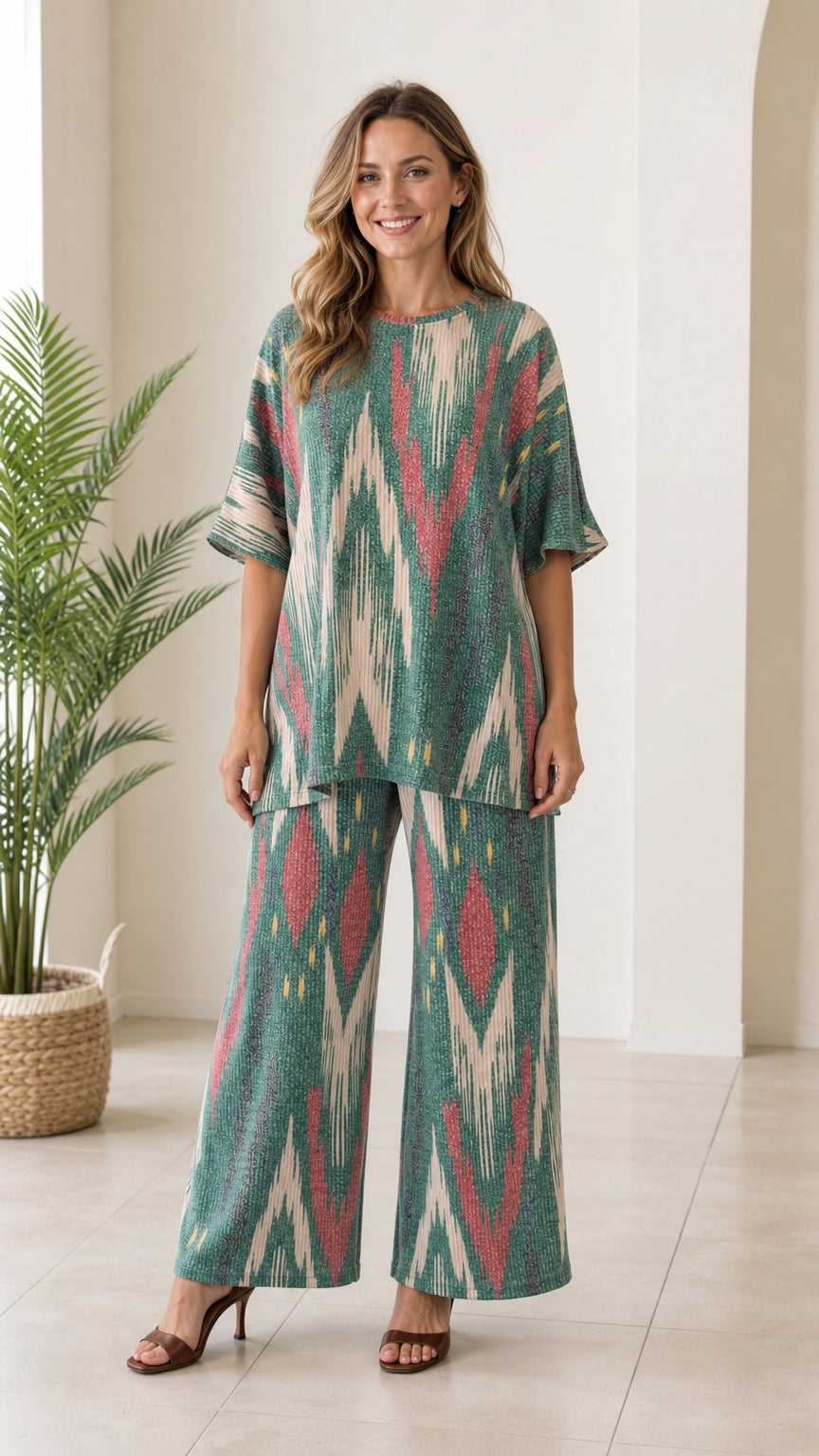 Front view of woman wearing teal green ikat print tunic top and wide leg pants set