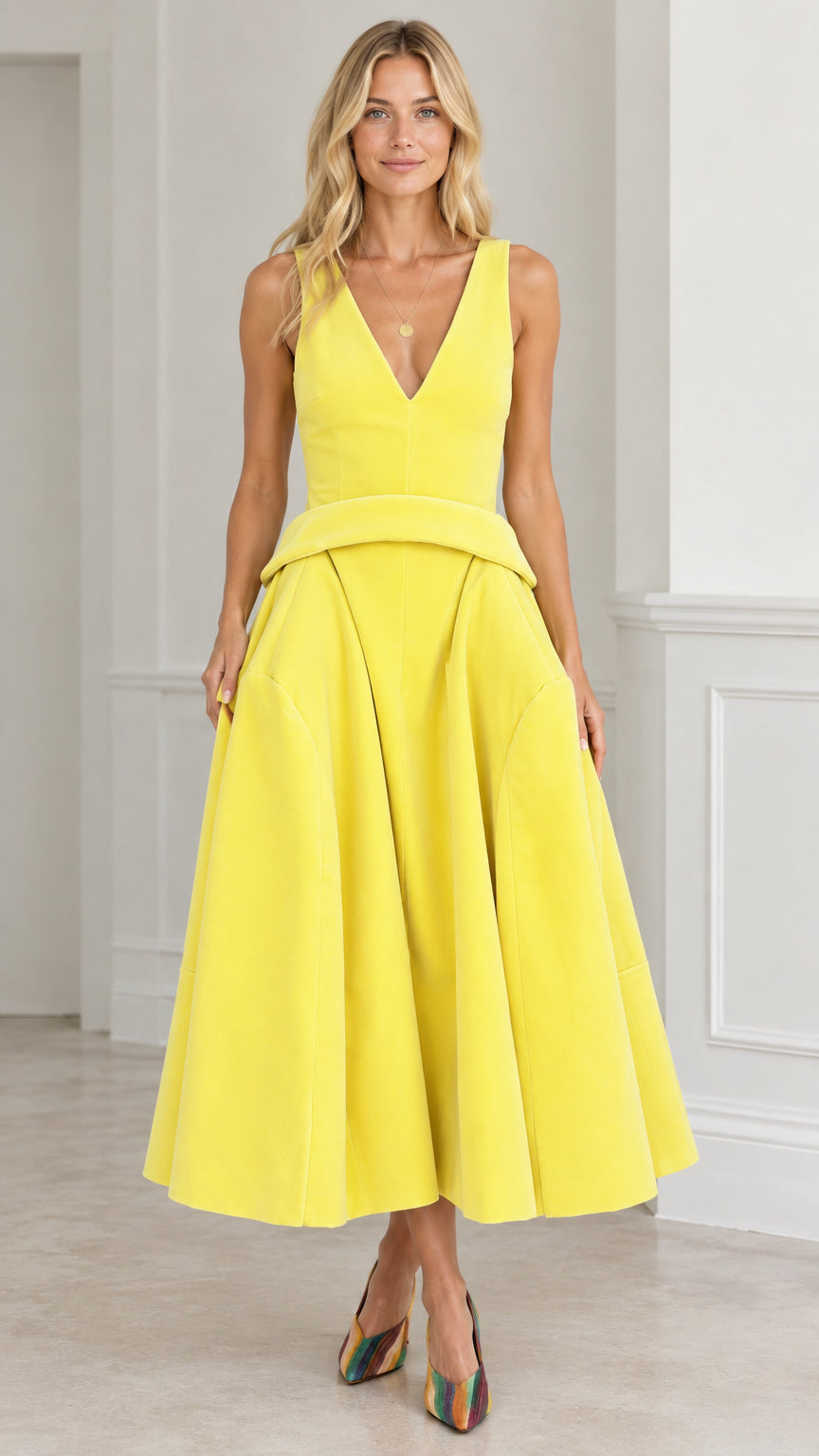 Front view of yellow sleeveless V-neck basque waist pleated midi dress