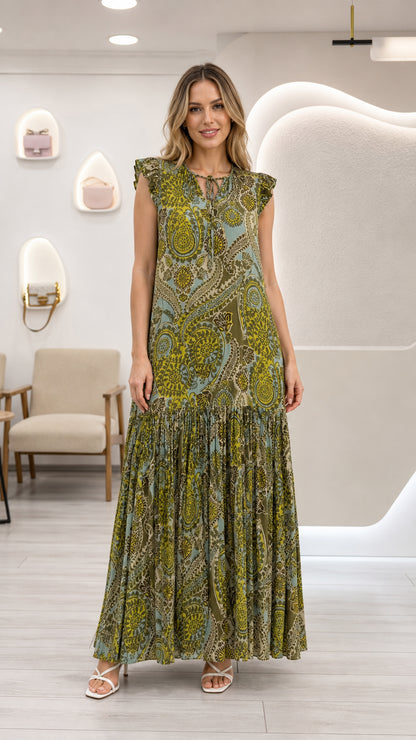 Full front view of model wearing olive green paisley tiered maxi dress with ruffle cap sleeves