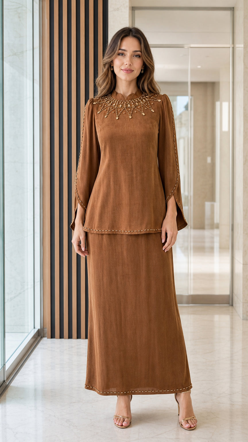 Full front view of women's caramel brown 2-piece modest skirt set with beaded neckline