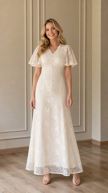 Front view of Ivory lace maxi dress on model