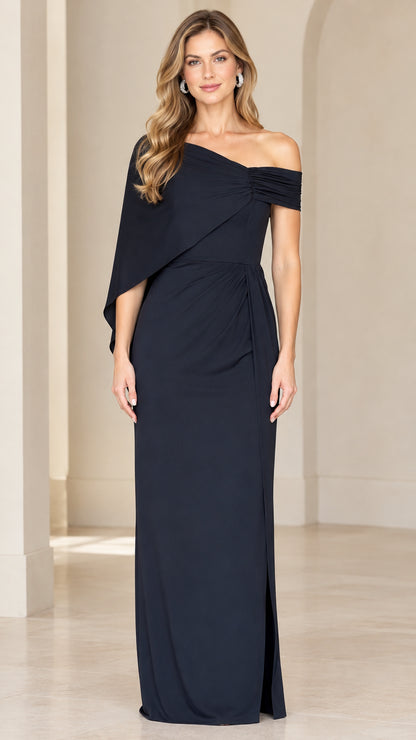 Front view of woman wearing navy blue one-shoulder drape maxi formal gown