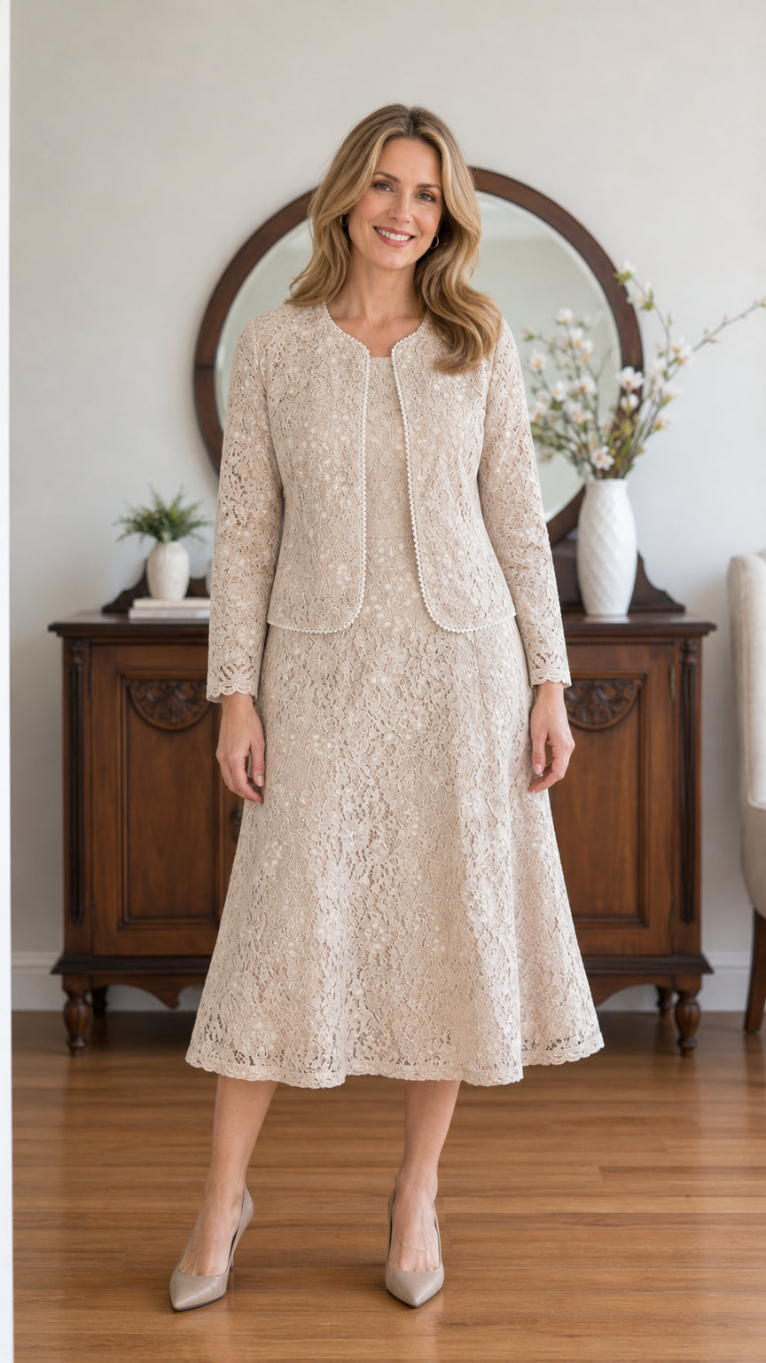 Full front view of model wearing the Champagne Beige floral lace midi dress and jacket set