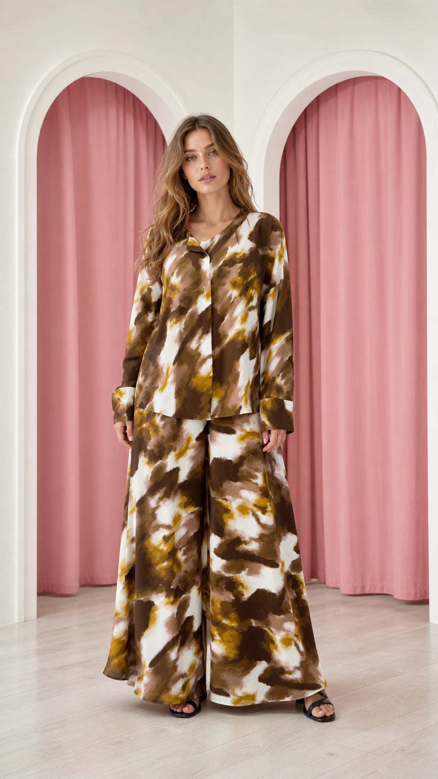 Front view of model wearing mocha brown tie-dye satin top and wide-leg pants set