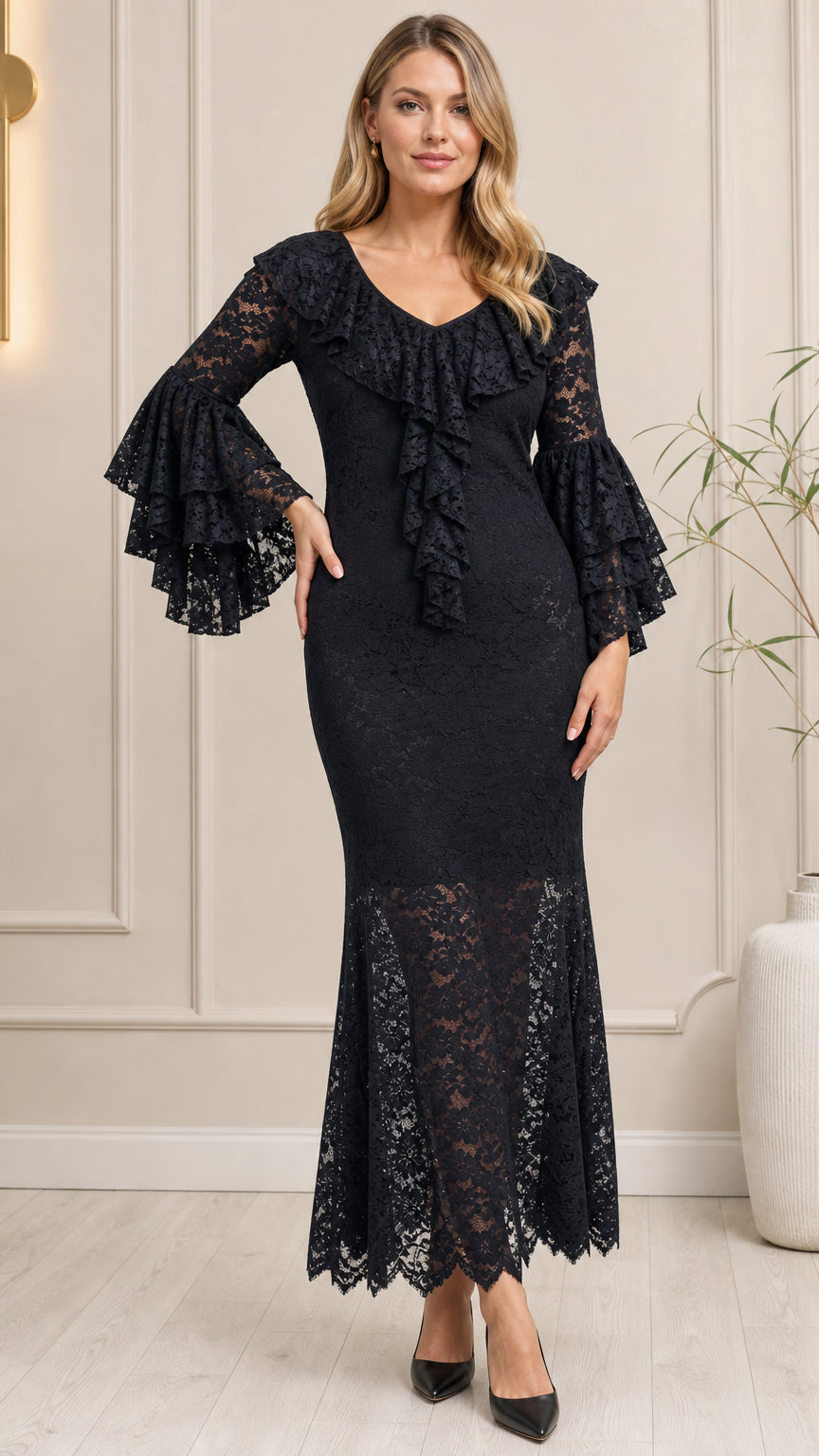 Front view of black tiered bell sleeve floral lace maxi dress